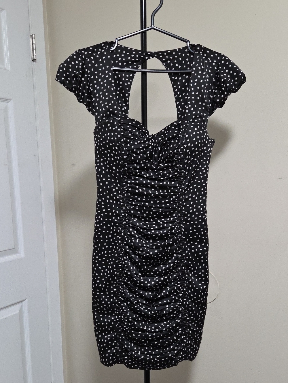 Guess Black and White Polka Dot Ruched Mini Dress